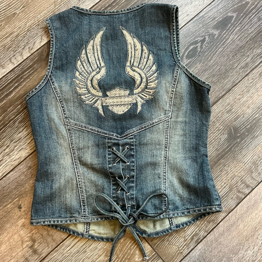 Harley Davidson Denim Vest Angel Wing Corset Back